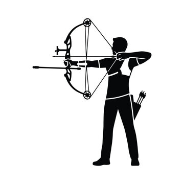 Black silhouette archer with compound bow vector preparing to shoot arrow on target.
