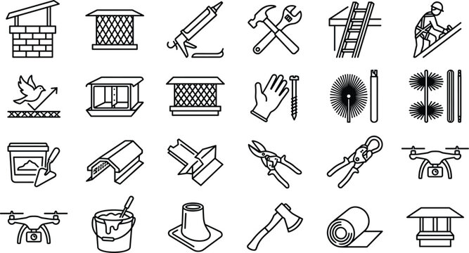 Chimney repair roofing maintenance contractor service chimney sweep tools roof spikes drone inspection linear outline vector icon set
