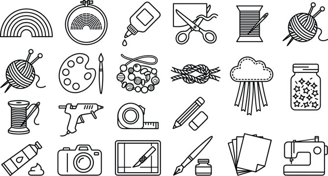 Comprehensive arts and crafts needlework vector icon set featuring sewing machines glue guns yarn balls scissors and handmade hobby tools.
