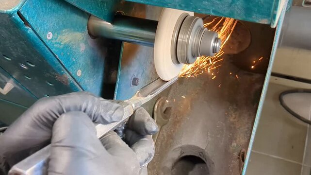 An industrial worker wearing protective black gloves operates a mechanical bench grinder to shape and smooth a metal rod, generating bright sparks during the precision manufacturing process in a works