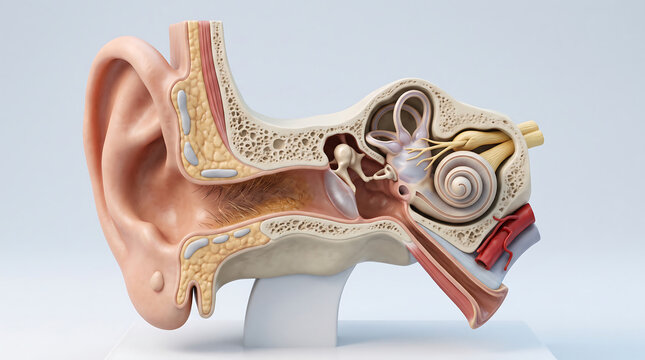 Anatomical cross section model of human ear showing outer middle and inner ear structures with cochlea and auditory ossicles
