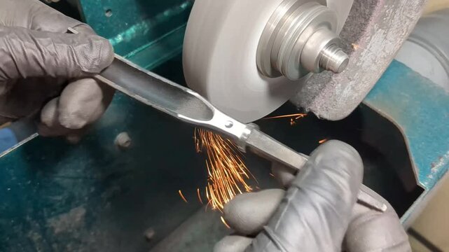 An industrial worker wearing protective black gloves operates a mechanical bench grinder to shape and smooth a metal rod, generating bright sparks during the precision manufacturing process in a works
