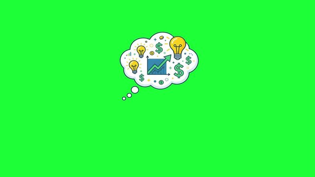 Animated thought bubble concept with growing graph lightbulbs and dollar signs representing