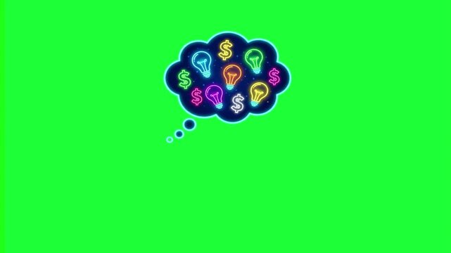 Neon lightbulb and dollar sign within a thought bubble animation on a green screen background