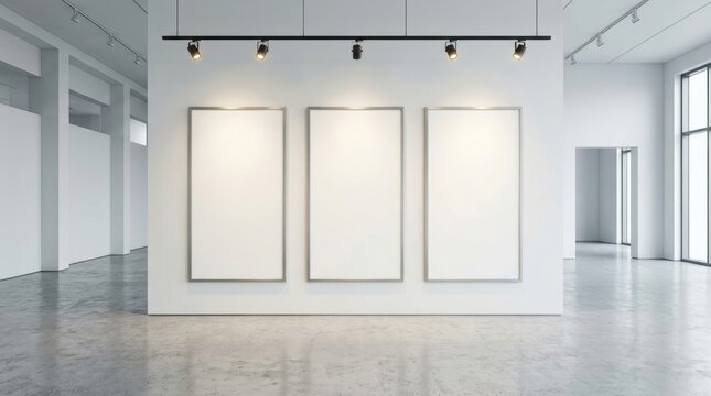Three vertical empty frames hanging on a white gallery wall in a modern minimalistic art exhibition space with polished concrete floors and overhead track lighting illuminating the display area