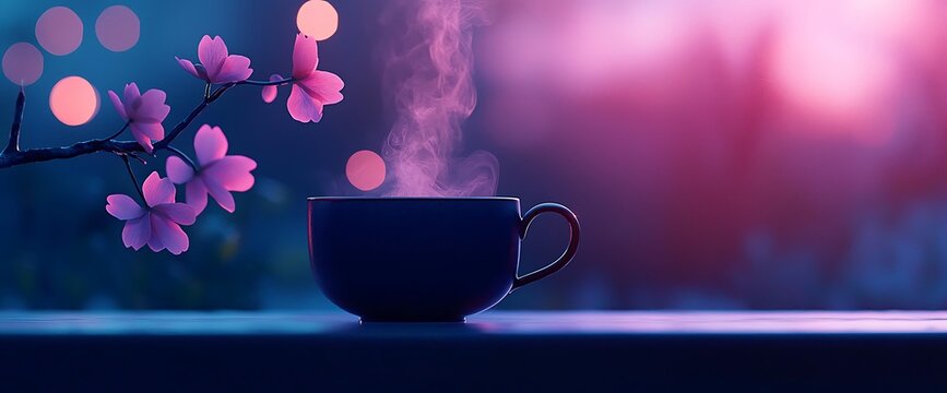 Steaming cup with cherry blossoms, soft lights, calming ambiance