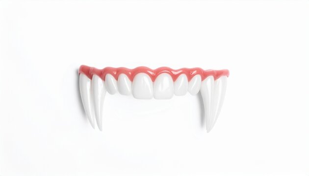 Single upper vampire teeth with long sharp fangs and red gums isolated on white background halloween costume prop for dracula