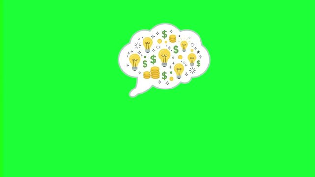 Animated thought bubble filled with glowing light bulbs stacks of coins and dollar signs