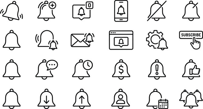 Digital notification bell and reminder alert vector icon set featuring mute options social subscription badges and interface settings.
