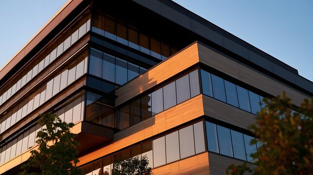 Modern glass and wood building facade bathed in golden afternoon sunlight with trees framing the corner