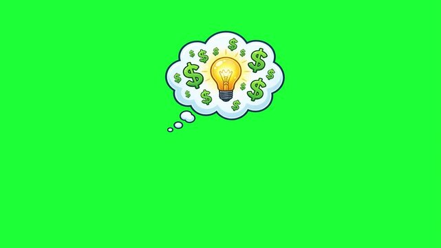 Animated thought bubble with glowing light bulb idea surrounded by green dollar signs on a