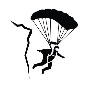 Extreme wingsuit base jumper silhouette flying near mountain cliff with open parachute art.