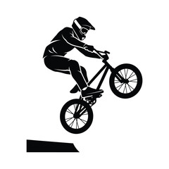Obraz premium BMX rider performing bike jump trick off ramp black silhouette vector illustration.