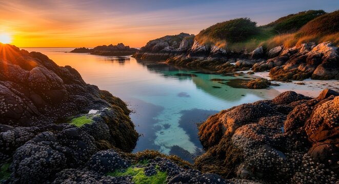 Sunset over rocky coastal cliffs and water