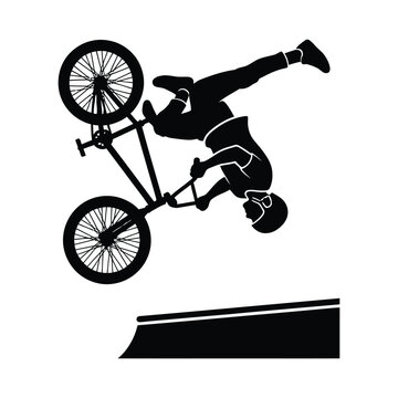 BMX rider doing flip over ramp black silhouette isolated vector illustration.
