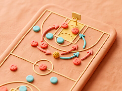Basketball tactics diagram with clay figures and arrows. play strategy illustration for sports