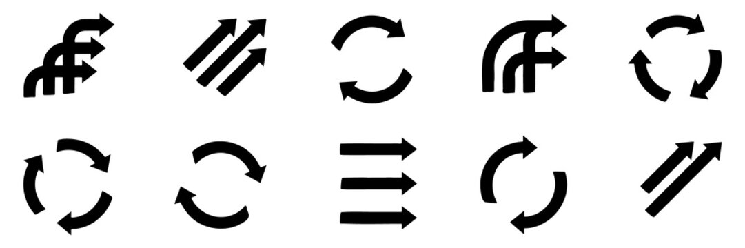 Collection of black arrow and symbols on a white background direction