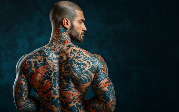 A muscular man with tattoos on his back, looking over his shoulder.