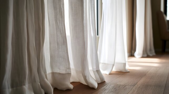 Sheer white curtains gently draped over wooden floor  soft natural light filtering through  creating calm and airy interior space