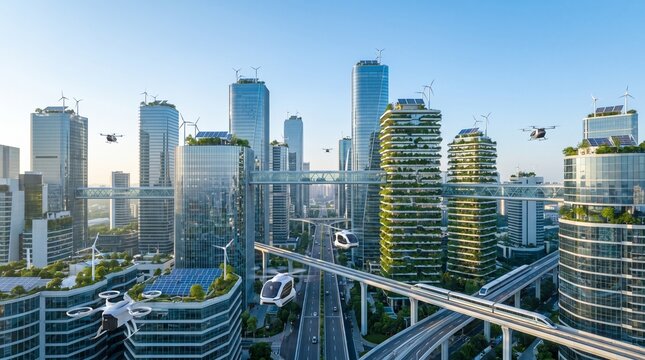 Modern skyscrapers with green terraces in city