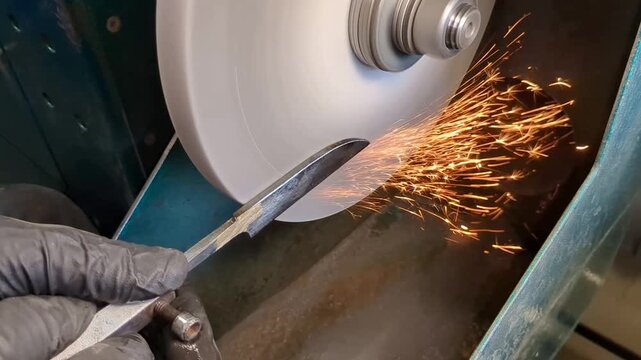 An industrial worker wearing protective black gloves operates a mechanical bench grinder to shape and smooth a metal rod, generating bright sparks during the precision manufacturing process in a works