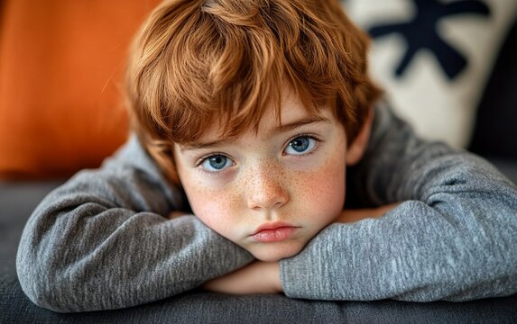 A young boy with red hair and blue eyes rests his chin on his hands, looking sad.
