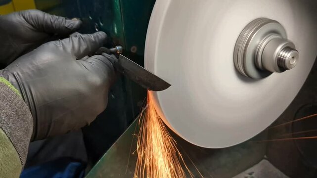 An industrial worker wearing protective black gloves operates a mechanical bench grinder to shape and smooth a metal rod, generating bright sparks during the precision manufacturing process in a works