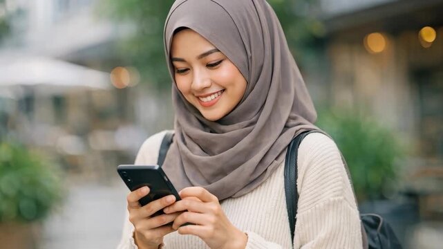 Smiling Muslim woman in hijab using smartphone outdoors
