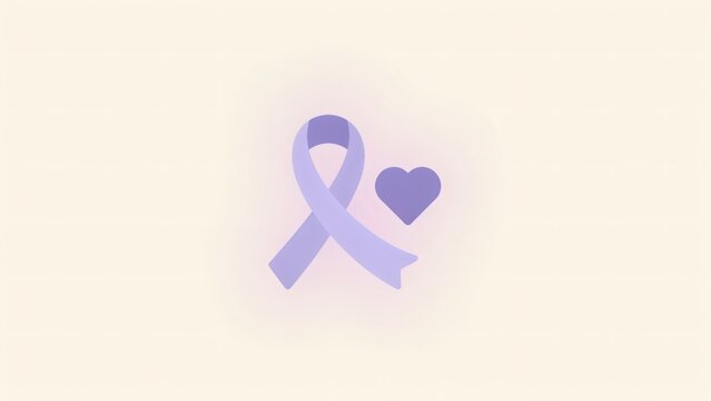 A minimal flat purple awareness ribbon icon with a heart symbol on a soft background with positioned next matching light cream background illustration