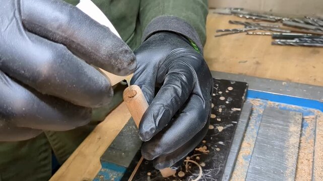Gloved artisan applying liquid adhesive from a small cup onto a wooden handle, inserting a forged metal spoon component, and securing the assembly with a small metal pin fastener on workbench