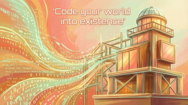 Digital Lighthouse Concept with Code Streams and Inspirational Quote for Tech Development