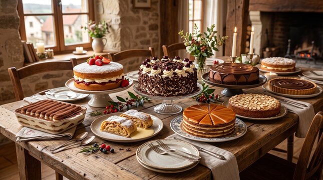 Elegant selection of European cakes and desserts arranged on a rustic wooden dining table in a cozy countryside home, with candles, flowers, and warm natural light.