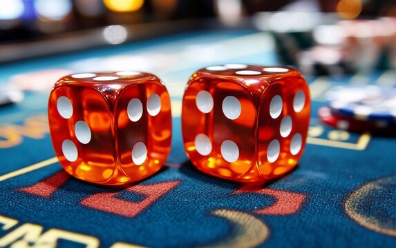 Two red dice on a green felt casino table with chips in the background.