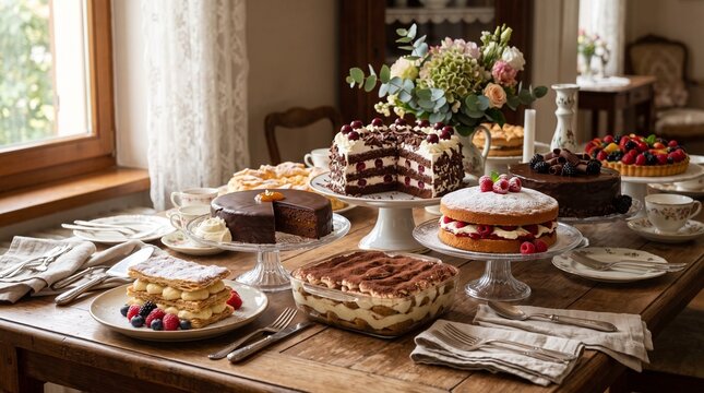 Beautiful assortment of homemade European desserts and cakes displayed on a rustic wooden table with fresh flowers, vintage tableware, and warm natural light.