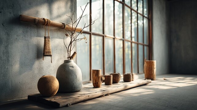 Rustic interior scene. Sunlight streams through a large window illuminating a wooden shelf with decor and a bamboo rod with hanging items