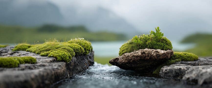 Mossy rocks edge a stream, blurred background of mountains & water. Green hues dominate. Soft focus