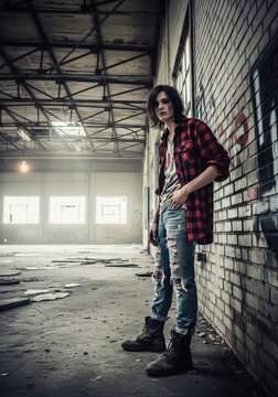 A Young Person Posing Dramatically In A Stylish Outfit In An Urban Decay Setting