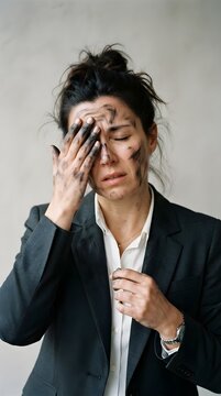 A stressed businesswoman in a suit covering her face with a hand covered in dark soot and dirt, looking exhausted and overwhelmed by pressure.