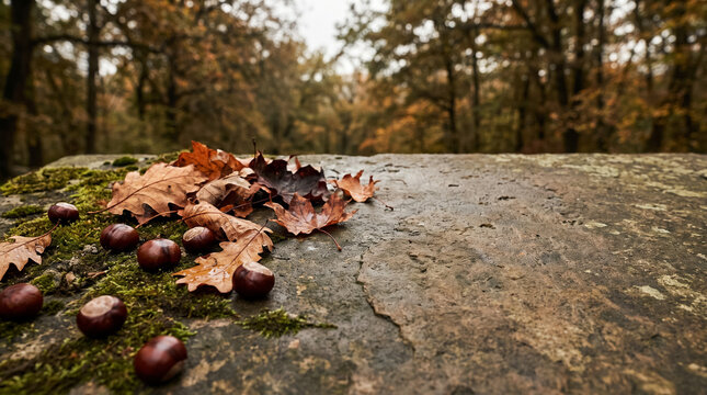 Autumn season bringing fallen leaves and chestnuts onto mossy forest stone, showcasing natural beauty and harvest