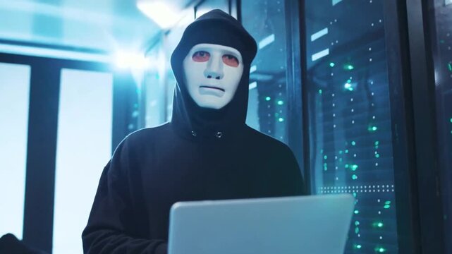 Cyber Hacker Working On Laptop Inside Modern Data Center Facility
