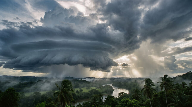 Storm clouds loom over a tropical river valley.