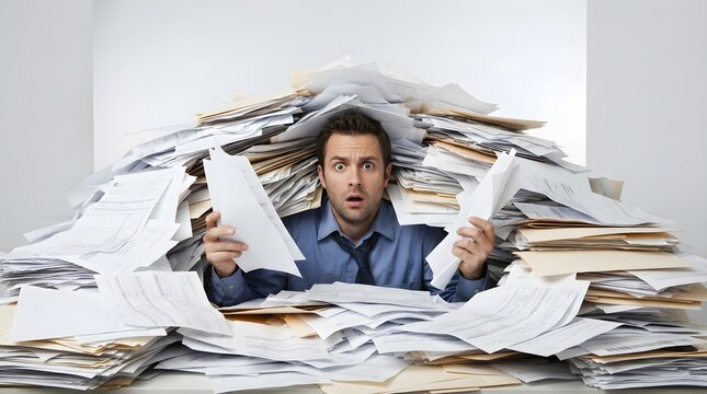 A panicked and overwhelmed businessman buried under a massive mountain of paperwork and documents, looking terrified and shocked at his desk in the office.