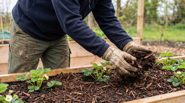 Hands in work gloves spreading mulch around growing strawberry plants in a raised bed, spring garden care and sustainable cultivation