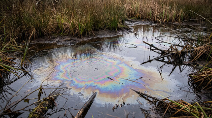 Obraz premium Oil slick creating iridescent rainbow colors on water surface in a marsh, showing environmental pollution and damage