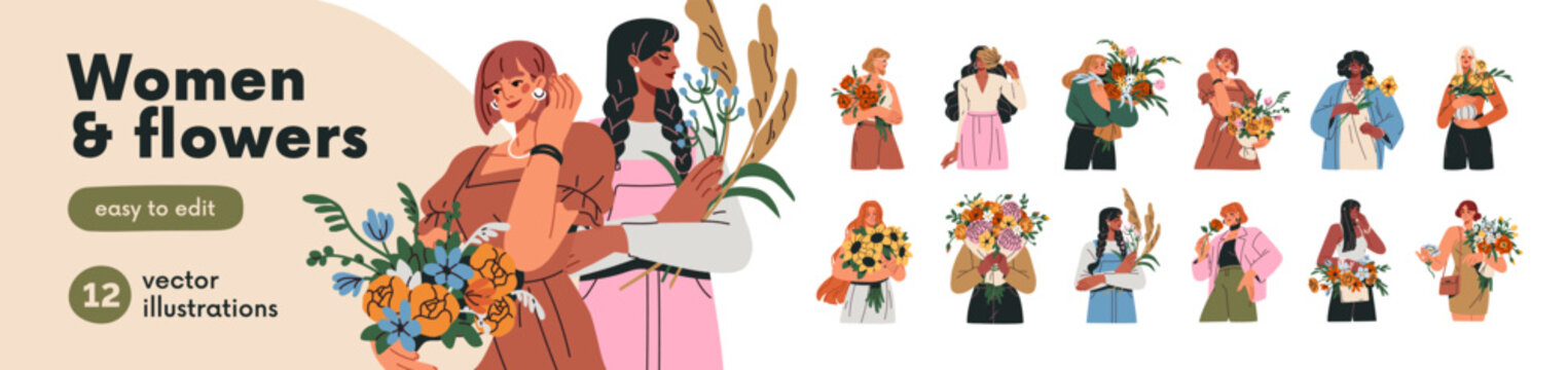 Happy women with flowers set. Young girls hold modern style bouquets, bunches, blooms, blossoms arrangements in hands. Females with floral gifts. Flat vector illustration isolated on white background