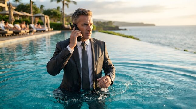 A handsome businessman wearing a full suit while standing waist deep inside a resort swimming pool and talking seriously on a retro mobile phone at sunset.