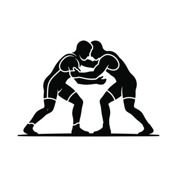 Wrestling sport two wrestlers grappling black silhouette vector illustration isolated on white.