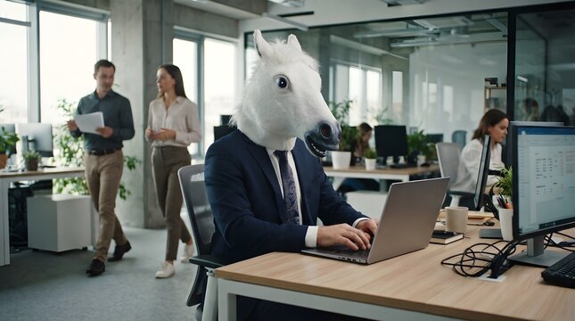 A businessman wearing a horse mask sits at a wooden desk in a modern corporate office, typing intently on a laptop computer while colleagues walk by in the background.