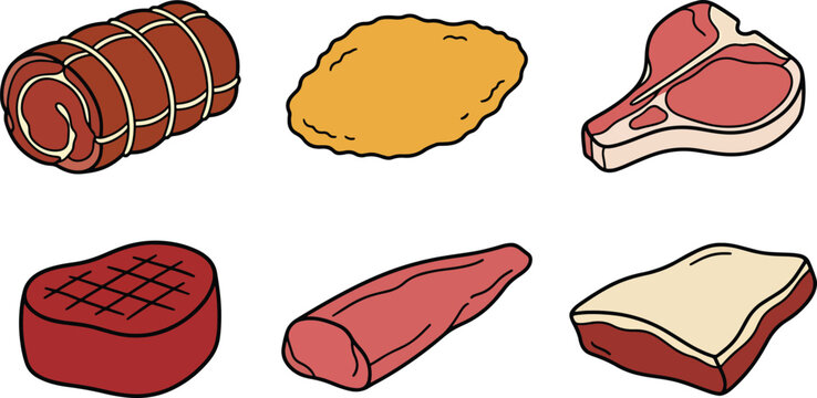 Meat cuts beef steak bacon roast and grilled burger patty food collection