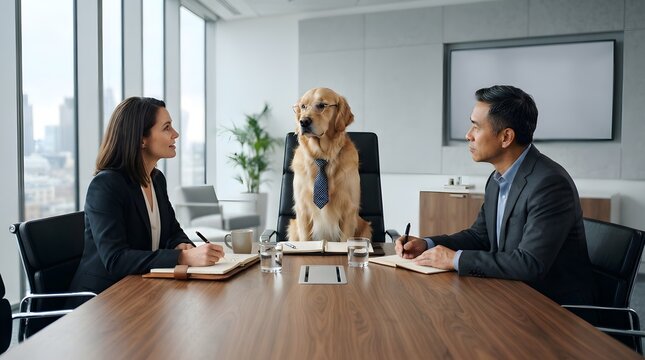 A golden retriever wearing a tie and glasses sits at the head of a conference table leading a business meeting with two corporate professionals.